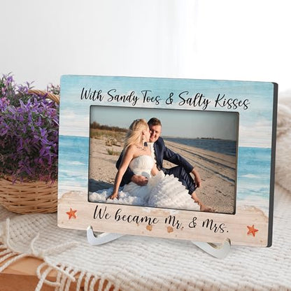 Blue 4x6 Wedding Photo Frame for Couples - Rustic Wooden Picture Frame for Wall & Tabletop Display