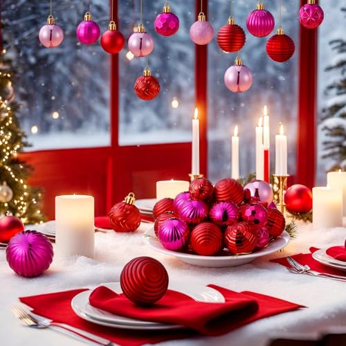 Romantic Hot Pink & Red Christmas Ball Ornaments Set - 72 Bulk Holiday Decorations