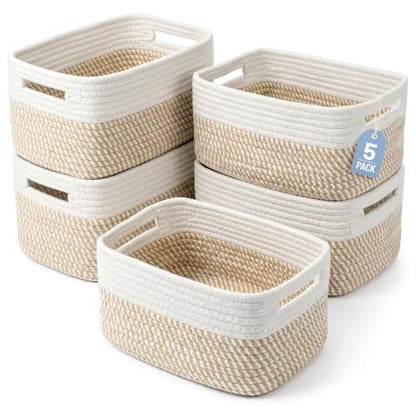 Khaki & White 5 Small Woven Storage Baskets with Handles - Organize Shelves and Drawers
