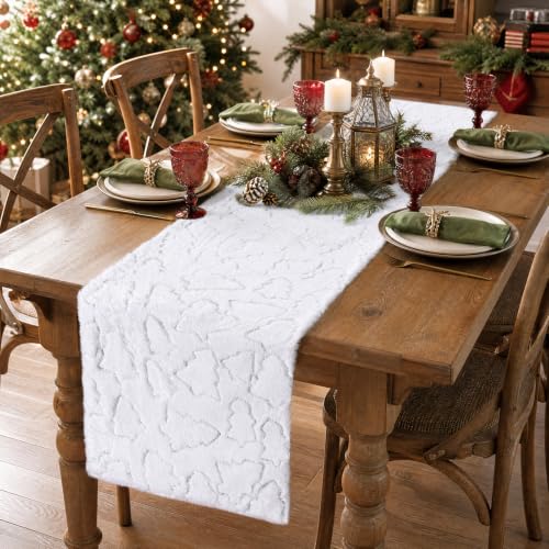 Silver Sequin Tree Christmas Table Runner Faux Fur 13x72 Inch - Holiday Decor