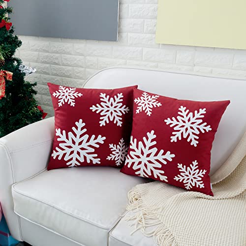 Red Decorative Throw Pillow Covers 16x16 Inch Set of 2 with Snowflakes Print - Pack of 2