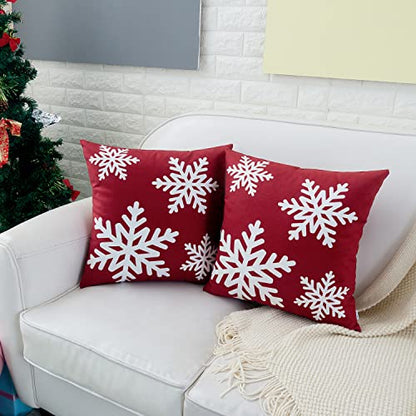 Red Decorative Throw Pillow Covers 16x16 Inch Set of 2 with Snowflakes Print - Pack of 2