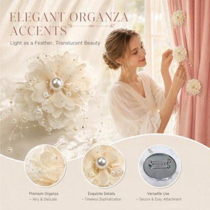 Apricot Organza Flower Curtain Brooch Pins Set of 4 - Decorative Floral Clips