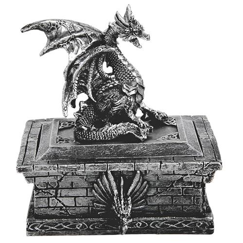 Silver Dragon Guarding Rectangular Trinket Box - Home Decor Ornament