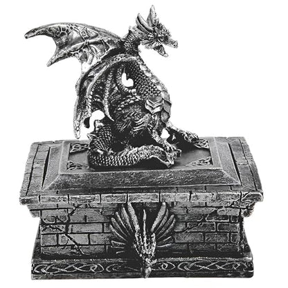 Silver Dragon Guarding Rectangular Trinket Box - Home Decor Ornament