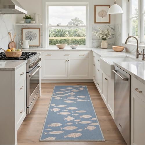 Blue Coastal Fish Runner Rug - Washable Non-Slip Boho Style, 2ft x 5ft, Rectangular