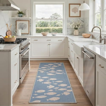 Blue Coastal Fish Runner Rug - Washable Non-Slip Boho Style, 2ft x 5ft, Rectangular