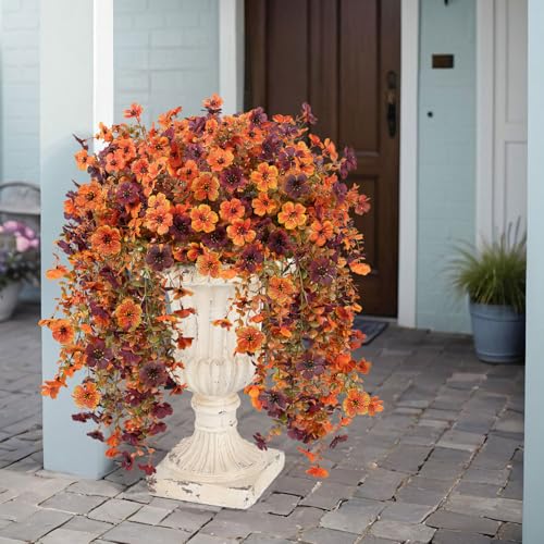 Artificial Fall Hanging Flowers Plants - Faux Silk Mums for Outdoor & Indoor Decor, 4 Pack - Fall Orange Brown