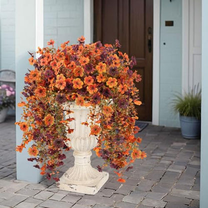 Artificial Fall Hanging Flowers Plants - Faux Silk Mums for Outdoor & Indoor Decor, 4 Pack - Fall Orange Brown