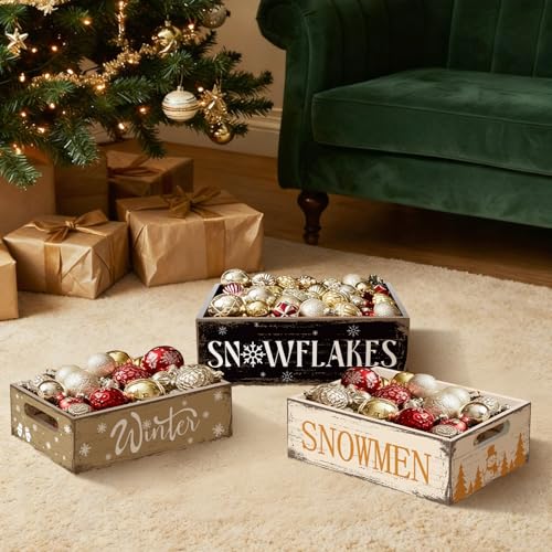 Christmas Wooden Crate Set - Rustic Snowman Snowflakes Holiday Storage Box - Winter Snowman Snowflakes Variation