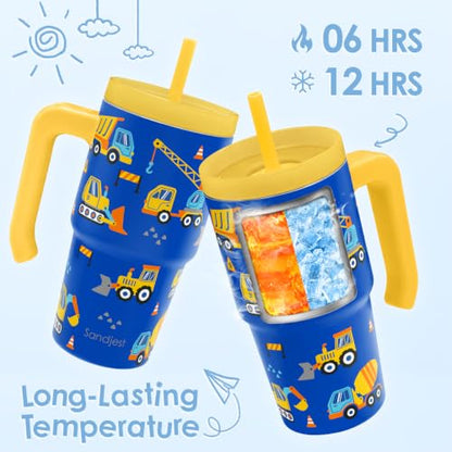 Construction Kids Tumbler 20oz Insulated Stainless Steel Cup with Handle & Silicone Straw Lid - Gift Idea for Boys & Girls