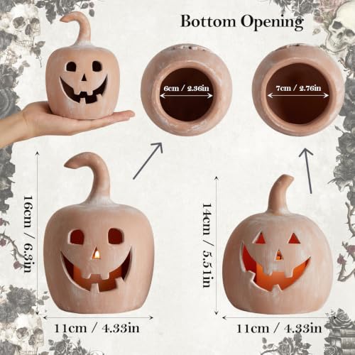 Halloween Fall Pumpkin Decor Tealight Holders, Jack O Lantern Set, Terracotta