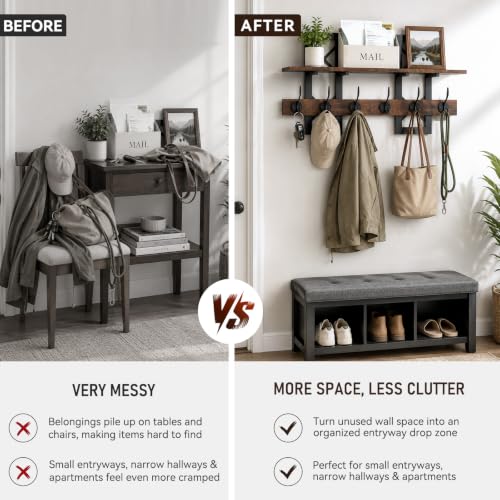 Brown Wall Mounted Coat Rack with Shelf and Dual Hooks - Rustic Entryway Organizer