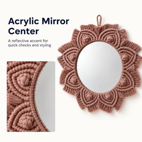 Small Boho Wall Mirror with Macrame Frame - Coffee Brown Home Decor