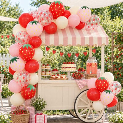 Pink and Red Strawberry Balloons Set - 12 Inch Party Decor, 30 Pieces