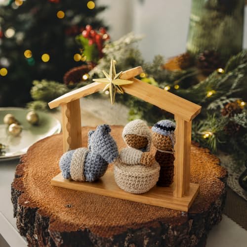 Crochet Nativity Scene Set with Wooden Stable - Handmade Christmas Decor