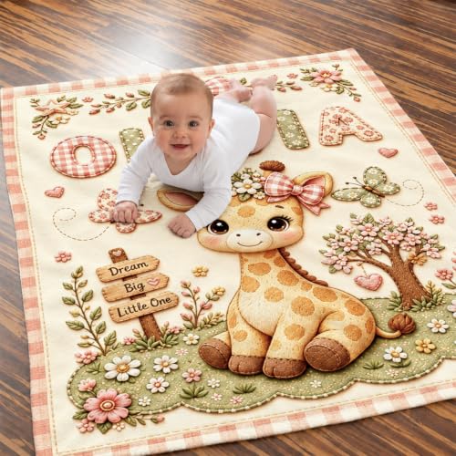 Personalized Baby Blanket with Name - Giraffe Design, Soft Plush, Custom Size