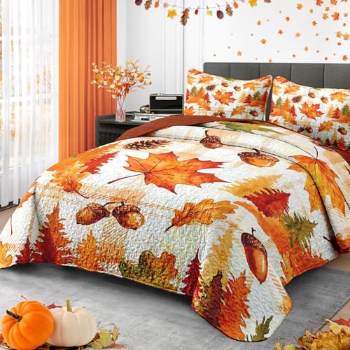 Queen Fall Quilt Set with Pillow Shams - Autumn Leaves Bedding, 3 Pieces