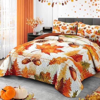 Queen Fall Quilt Set with Pillow Shams - Autumn Leaves Bedding, 3 Pieces