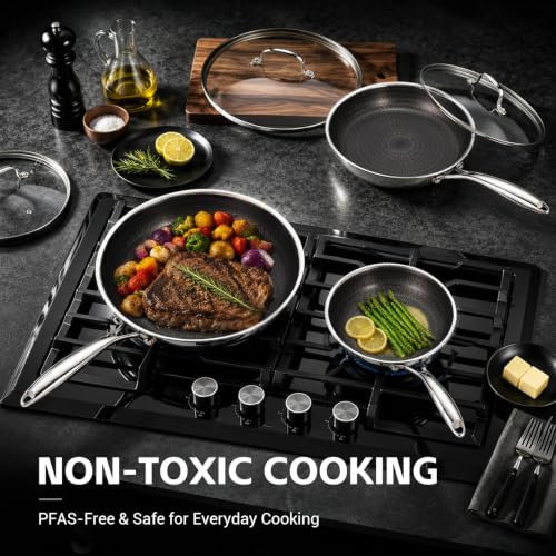 Non Stick Frying Pan Set with Lids - 8, 10, 12 Inch Skillets, Ceramic Hybrid Interior