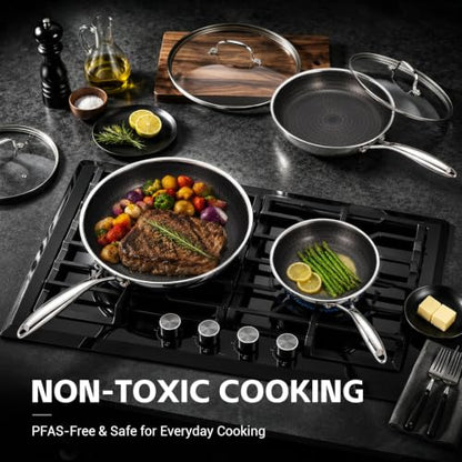 Non Stick Frying Pan Set with Lids - 8, 10, 12 Inch Skillets, Ceramic Hybrid Interior