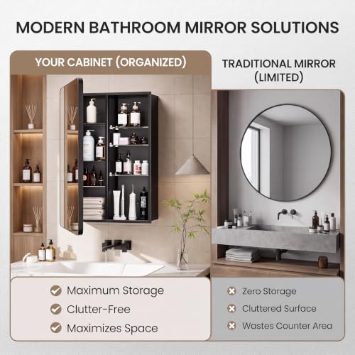 Black Medicine Cabinet with Mirror 20x30 in Recessed or Surface Mount - Black