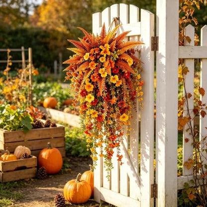 Artificial Fall Harvest Hanging Basket with Lifelike Flowers - Autumn Porch Decor - Variation 2