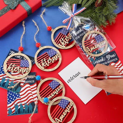 Patriotic Wooden Ornaments Set - Round Veterans Day Gifts Bulk 24 Pieces