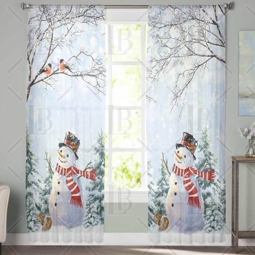 Christmas Snowman Sheer Curtains 52x63 Inches - 2 Panels Winter Decor