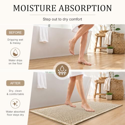 Waffle Bath Mat 30x20 Inch Non-Slip Bathroom Rug - Brown, Upgraded Waffle Texture
