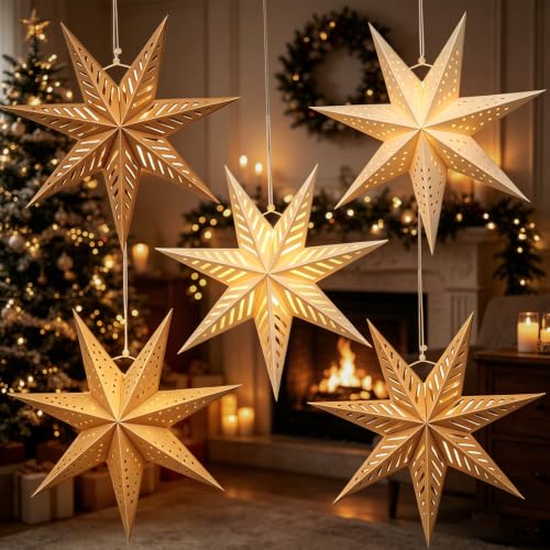 Paper Star Lantern Set of 5 Foldable 3D Hanging Decorations with Light - Brown Mix