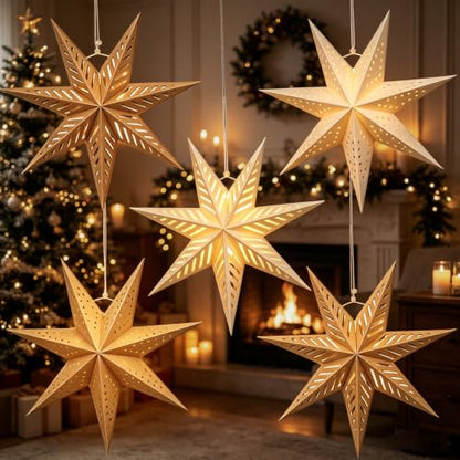 Paper Star Lantern Set of 5 Foldable 3D Hanging Decorations with Light - Brown Mix