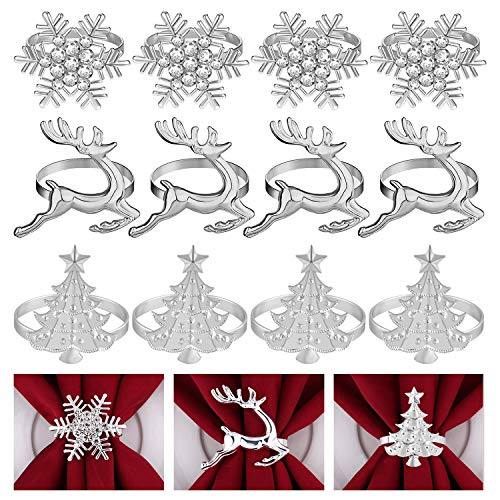 Silver Christmas Napkin Ring Set with Trees Elk Snowflake - 12 Pieces