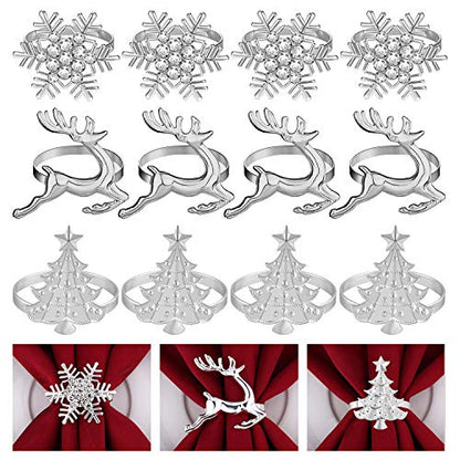 Silver Christmas Napkin Ring Set with Trees Elk Snowflake - 12 Pieces