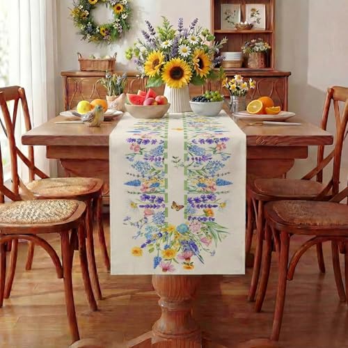 Spring Floral Linen Table Runner - Calendula & Lavender Farmhouse Decor, 13x72 Inch - Spring Home & Party Decoration - Variation of SpringB / 13x72 Inch
