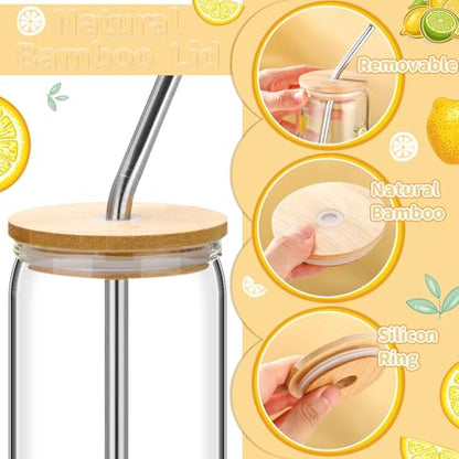 Lemon Icon Glass Tumblers Set with Lids & Straws - 4 Pack, 17 oz