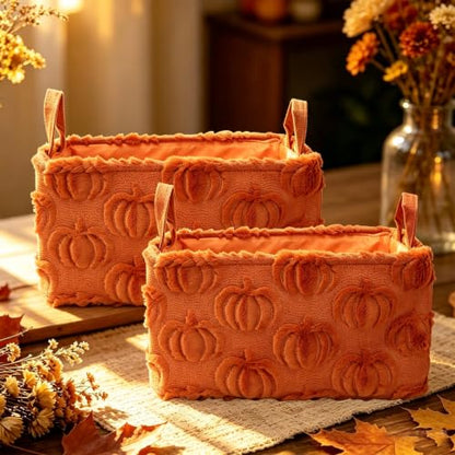 Fall Pumpkin Storage Baskets Set - Caramel Jacquard Household Organization