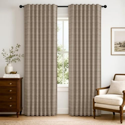 Brown Plaid Gingham Curtains 2 Panels 52W x 84L - Farmhouse Window Drapes, Light Filtering