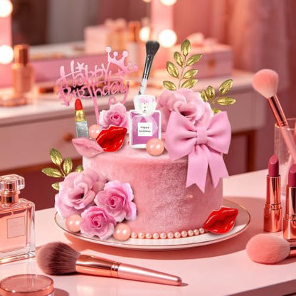 Makeup Cake Topper Set with Artificial Roses and Clay Lipstick for Birthday & Spa Parties