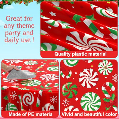 6Pcs Christmas Candy Cane Tablecloth Set - Red Green 84 Inch Round Holiday Decor
