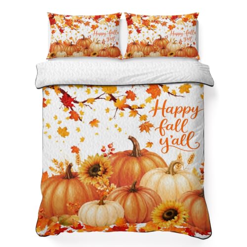 Orange Thanksgiving Twin XL Quilt Set with Pumpkins and Maple Leaves - All Season Bedding with Pillowcases