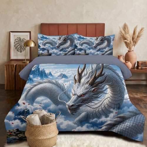 Full Sky Blue Quilt Set with Dragon Print 3 Pieces - All Season Bedding