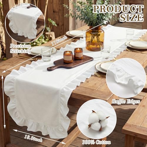 Farmhouse Ruffled Scalloped Table Runner 14 x 118 Inch White - Cotton Decor