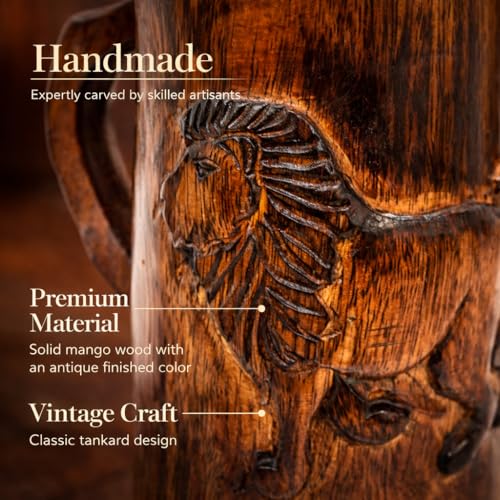 Hand-Carved Wooden Coffee Mug with Lion Design - Antique Brown, 470ml