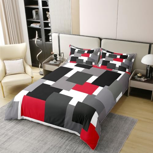 Red Geometric Duvet Cover Set - 100% Cotton Queen Size with Pillow Shams