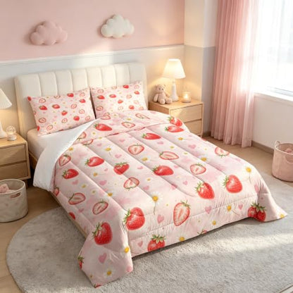 Twin Pink Strawberry Comforter Set for Girls Kids Teens - Kawaii Floral Bedding