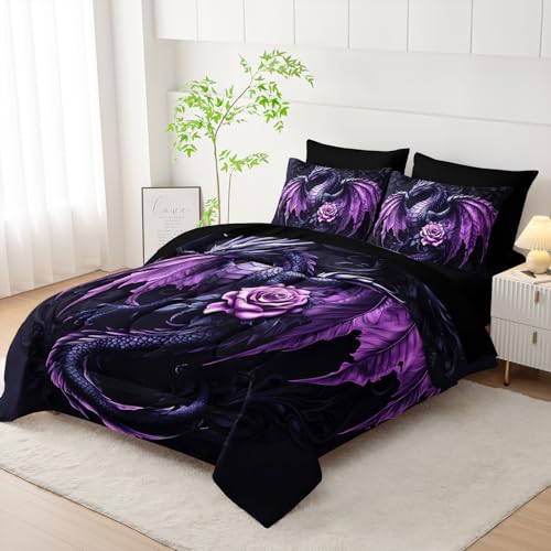 A-Dragon Queen Size Fantasy Dragon Comforter Bedding Set with Sheets & Pillowcases - Purple