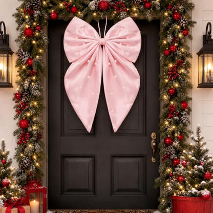 Pink Pearl Bow Christmas Tree Topper - 22 x 12 Inch Satin Holiday Decor