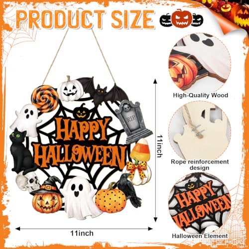 Halloween Wooden Ghost Door Wreath - Large Orange Halloween Decor for Front Door