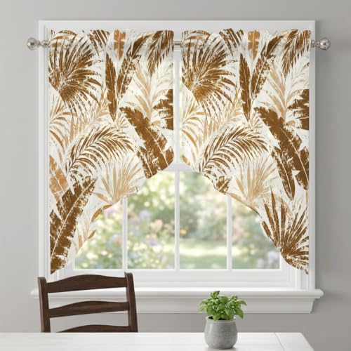 Brown Leaves Swag Curtains Set - Sepia, Bronze, Tan, Sand - 36x36 Inches, Pack of 2